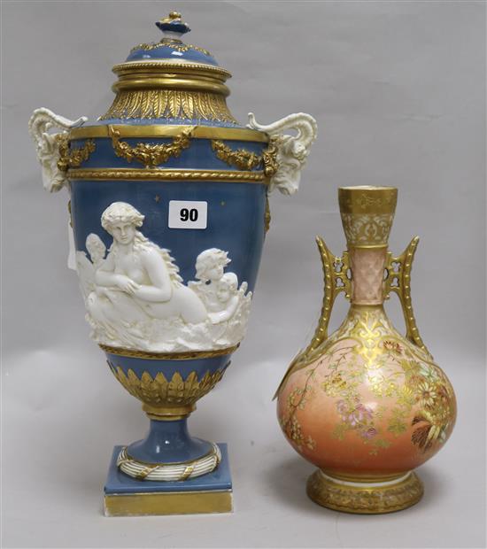 A Limoges peach ground vase by Martial Redon, gilt floral-decorated and a Capodimonte vase and cover 46cm